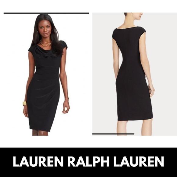 Lauren Ralph Lauren Black Cowl Neck Ruched Dress 12 Cocktail Wedding Guest - Picture 1 of 10